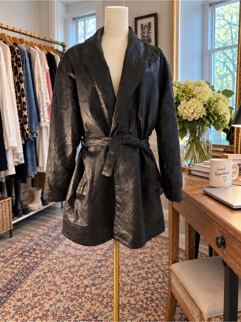 Vintage Black Leather Patchwork Belted Trench Jacket Giovanni Navarre